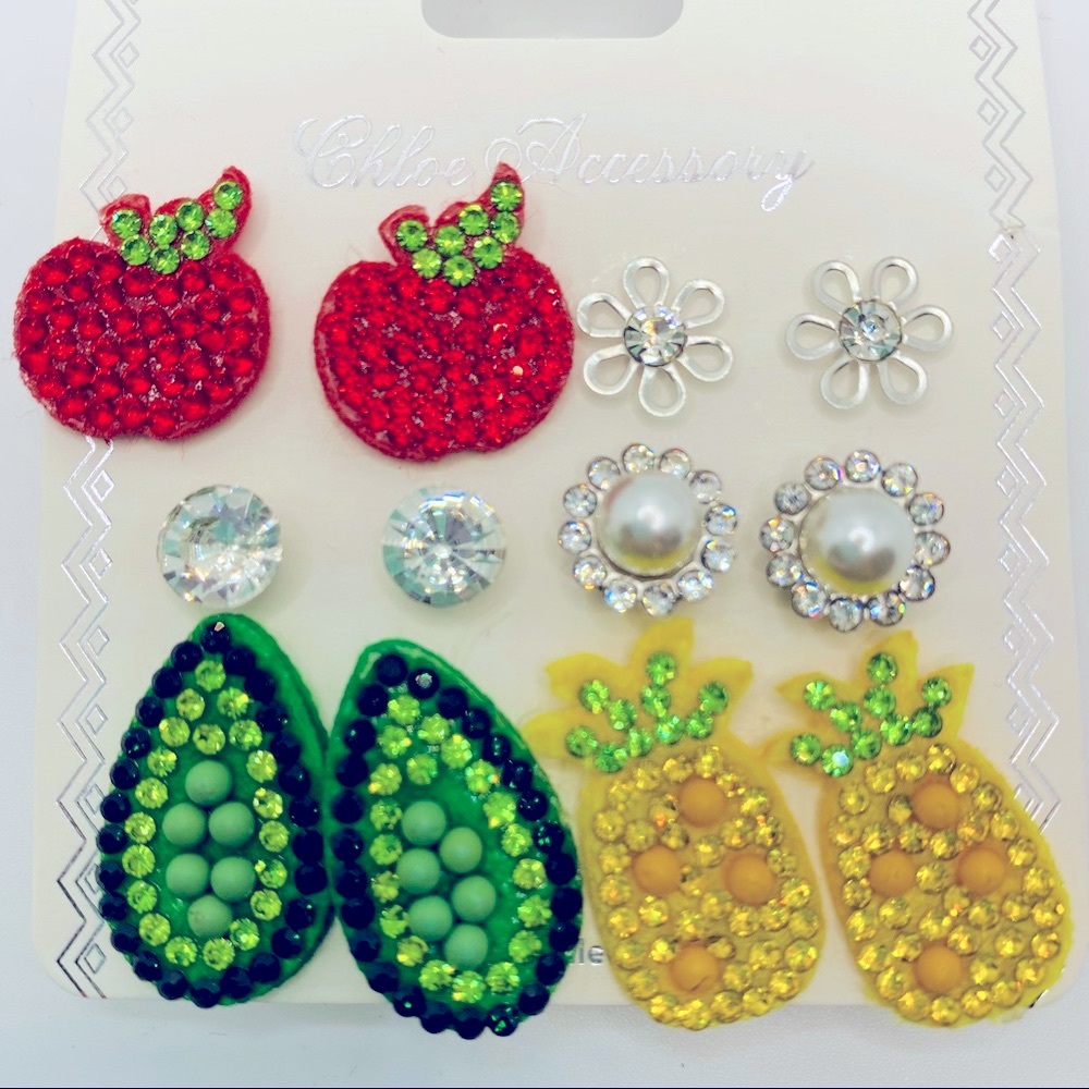Earrings Crystal Apples Avacados Pineapples Pearl Flowers